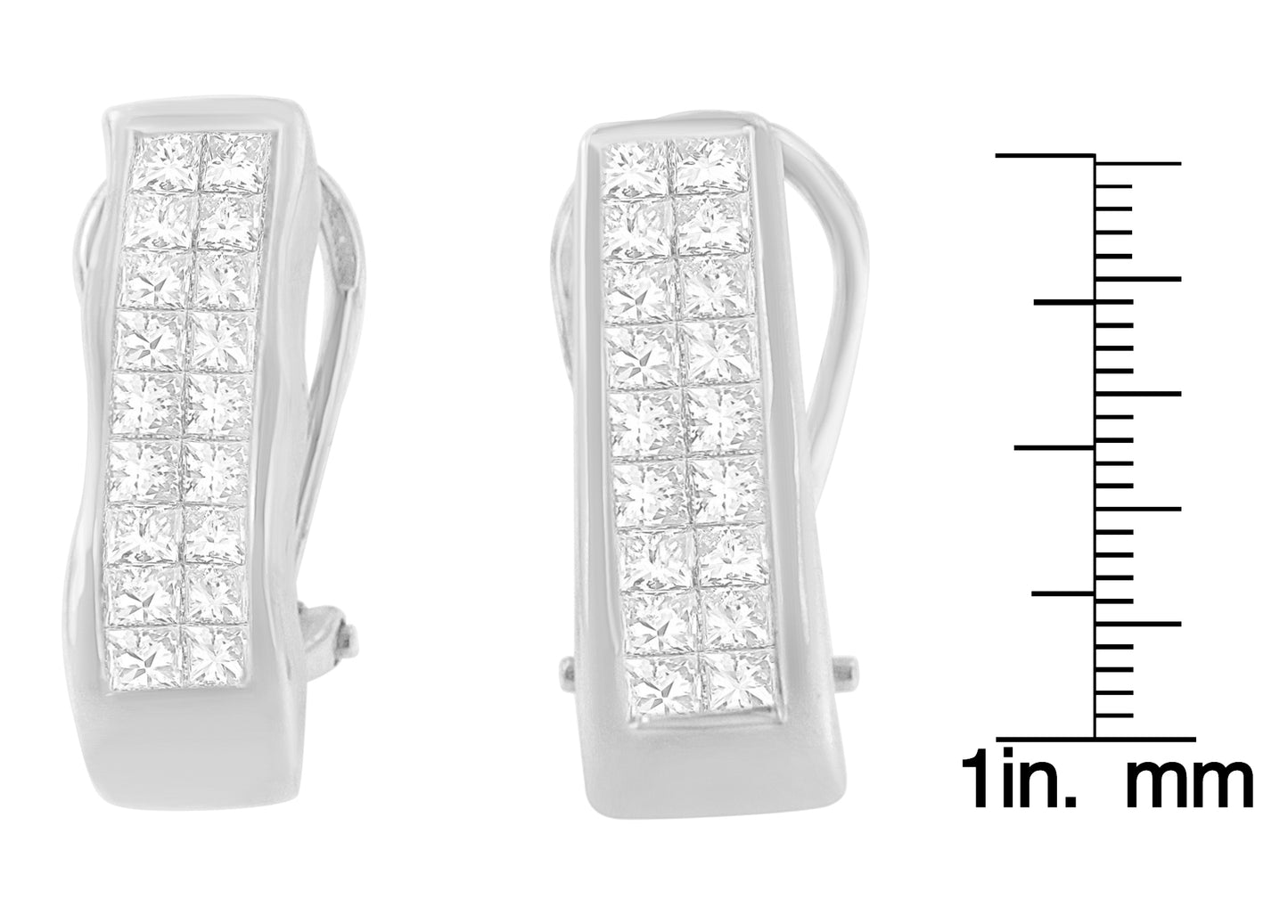 Pair of white metal earrings with rows of princess-shaped white gemstones in an invisible setting, shown from a front angle next to a ruler for size reference.