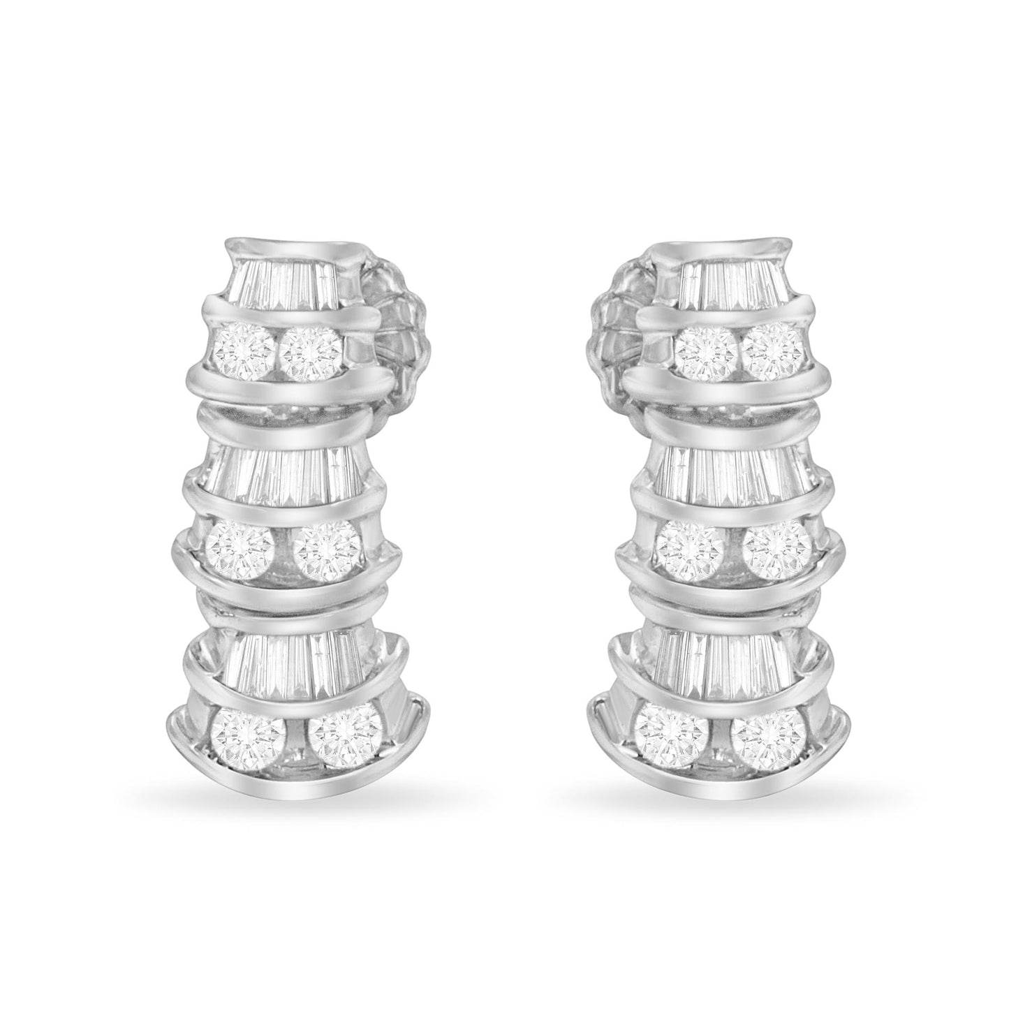 Front view of a pair of white metal earrings featuring channel-set white round and baguette-shaped gemstones in alternating rows.