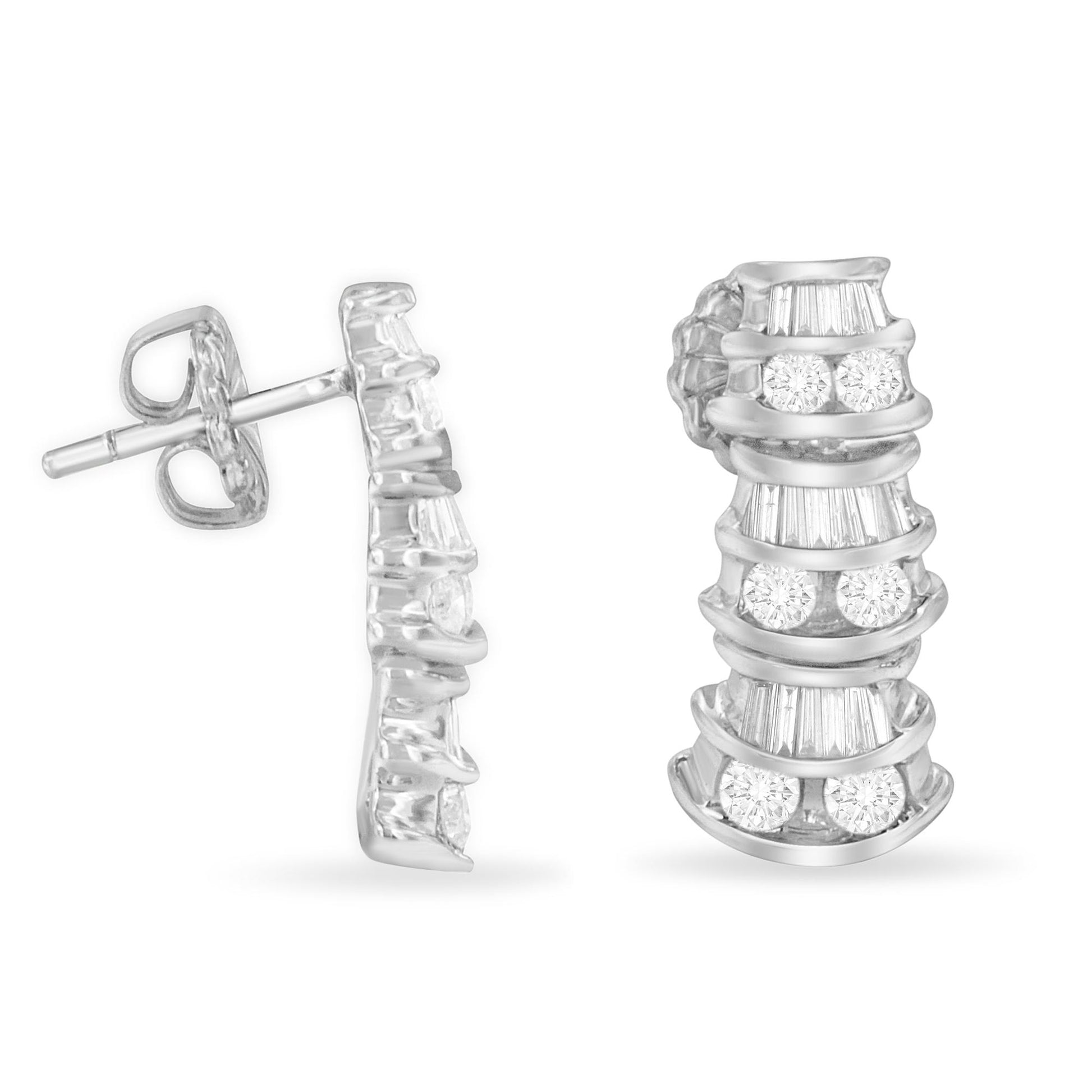 Front and side view of white metal earrings with channel-set round and baguette white gemstones arranged in curved rows.