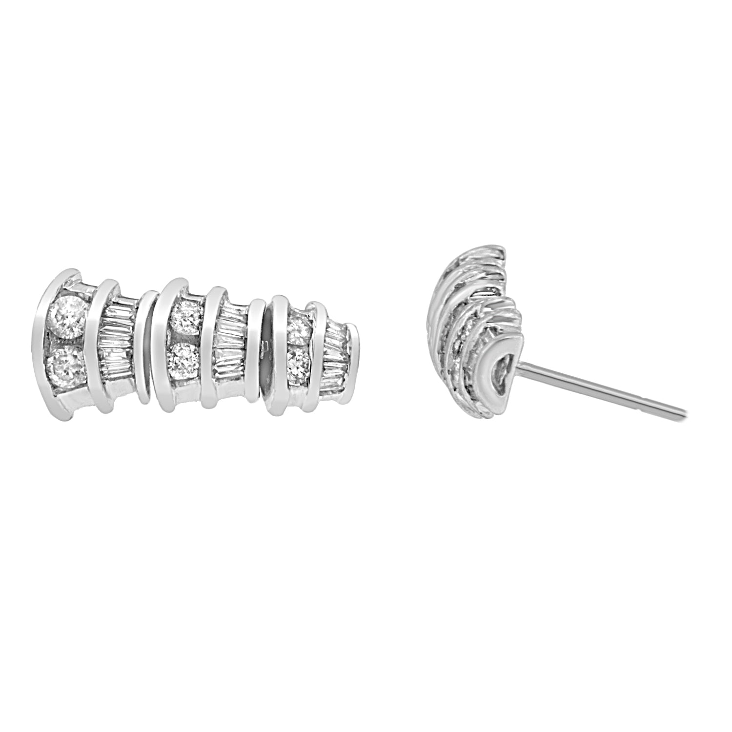 White metal earrings with a curved design featuring rows of round and baguette white gemstones in channel settings, shown from front and side angles.