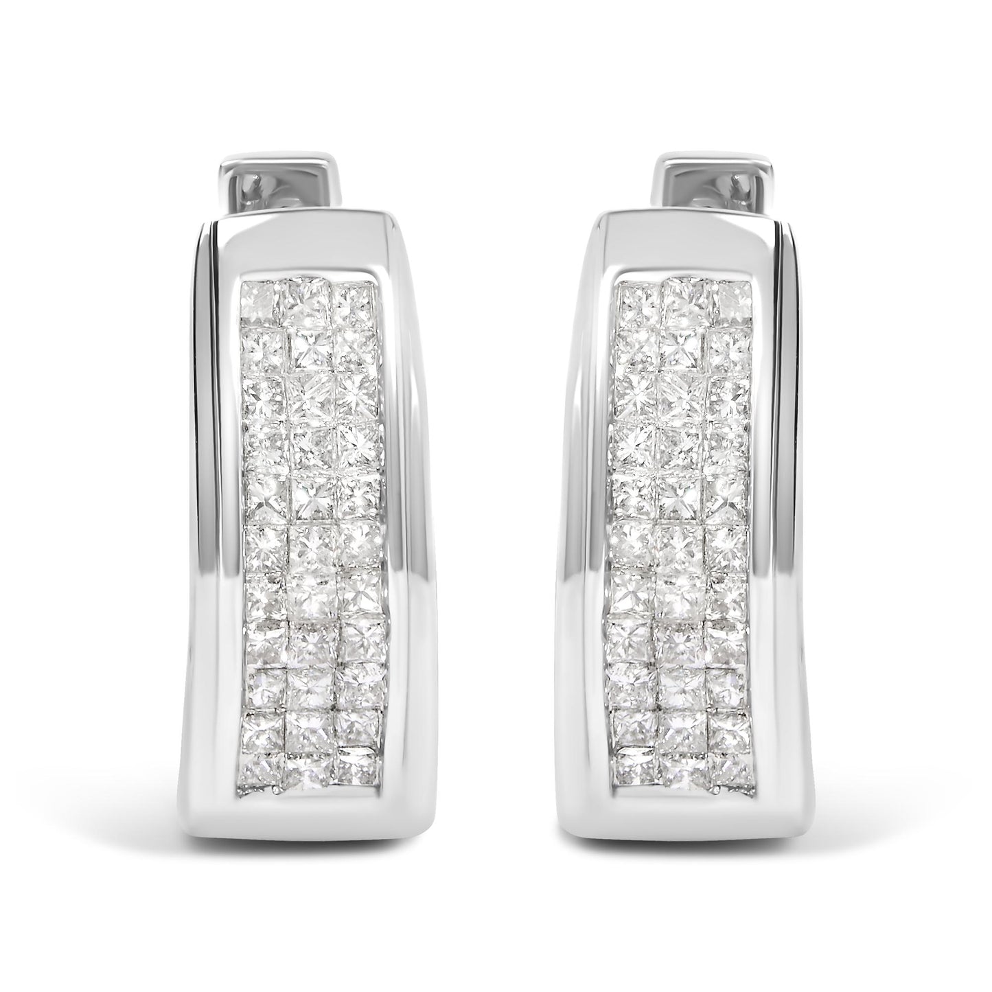 Pair of white metal rectangular earrings with rows of princess-shaped white gemstones in an invisible setting, shown in a front-facing angle.