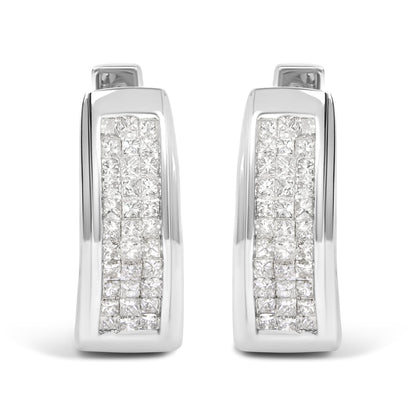 Pair of white metal rectangular earrings with rows of princess-shaped white gemstones in an invisible setting, shown in a front-facing angle.