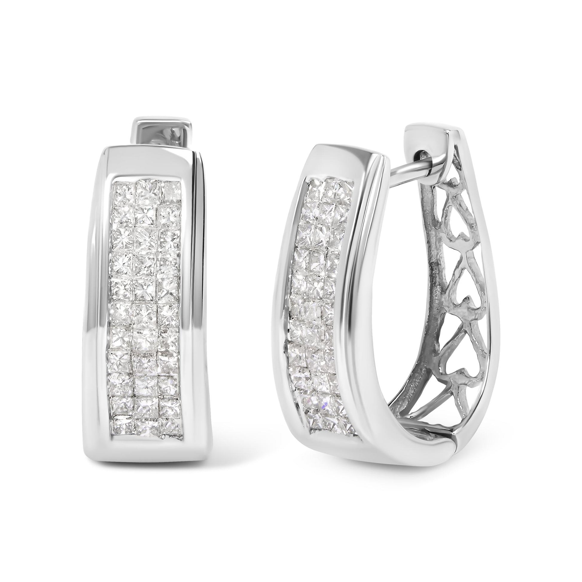 Pair of white metal earrings shown from the front and side angles, each featuring a curved rectangular shape adorned with multiple white princess-shaped gemstones in an invisible setting.