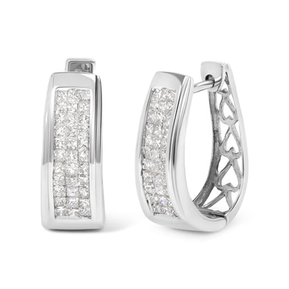Pair of white metal earrings shown from the front and side angles, each featuring a curved rectangular shape adorned with multiple white princess-shaped gemstones in an invisible setting.