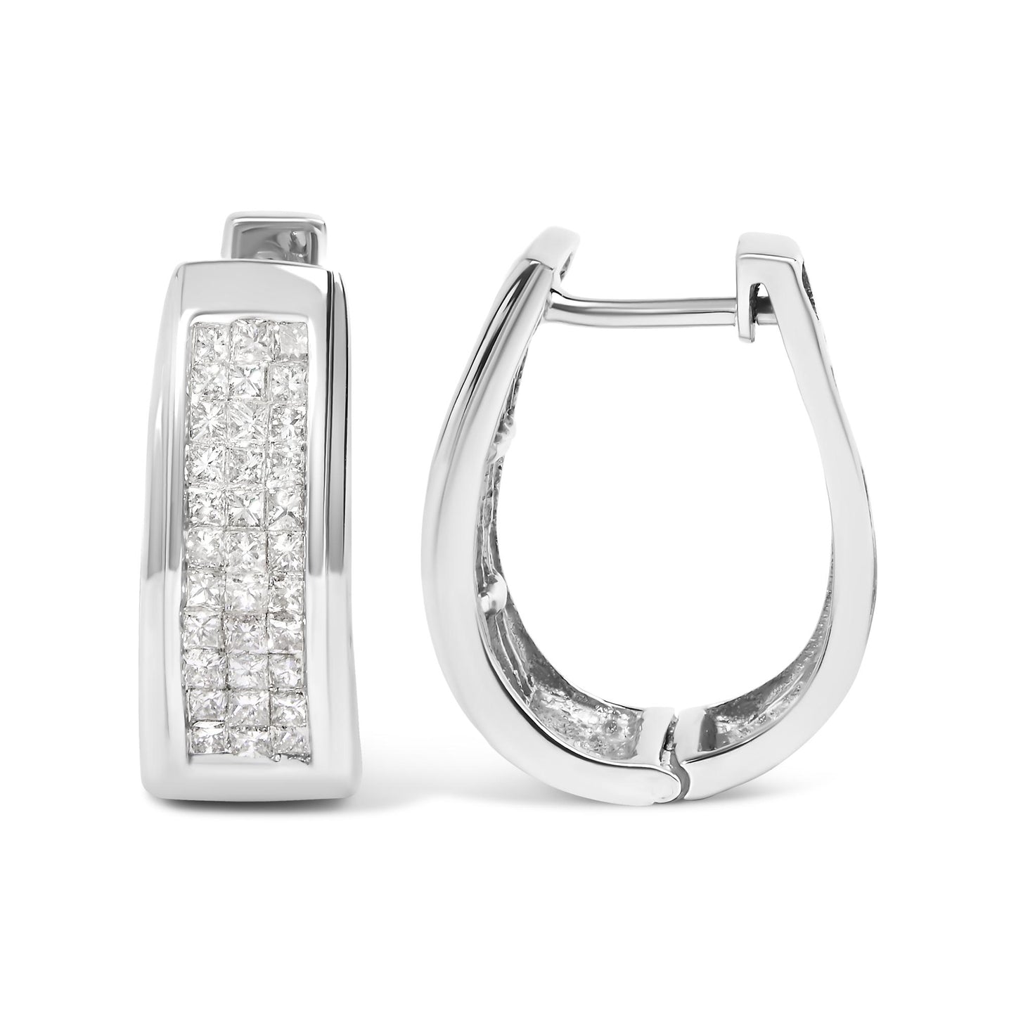 Front and side view of white metal rectangular hoop earrings with a row of white princess-shaped gemstones set invisibly, shown on a white background.