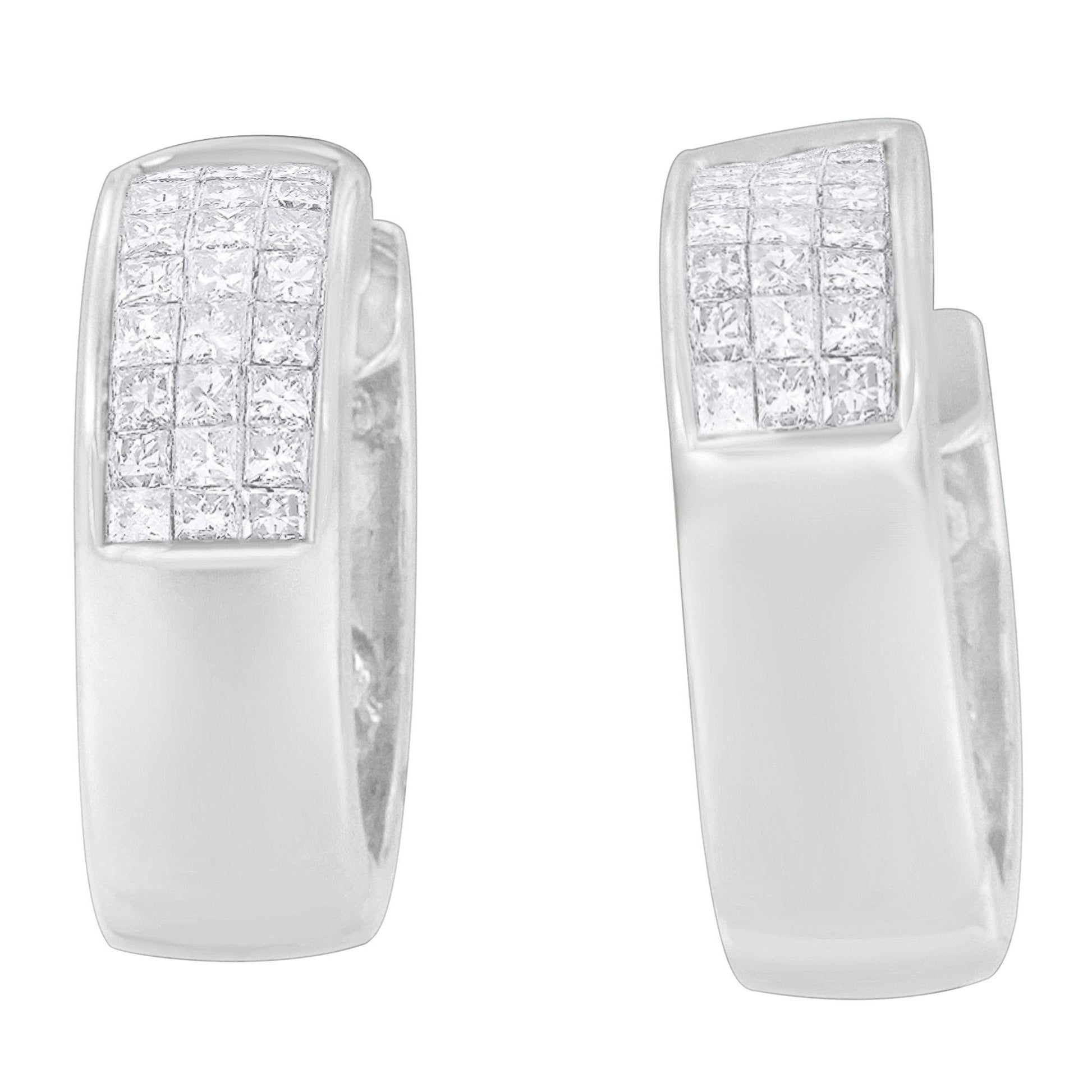 Pair of white metal earrings with rectangular tops adorned with multiple small white gemstones in channel and invisible settings, shown from a front and slight side angle.