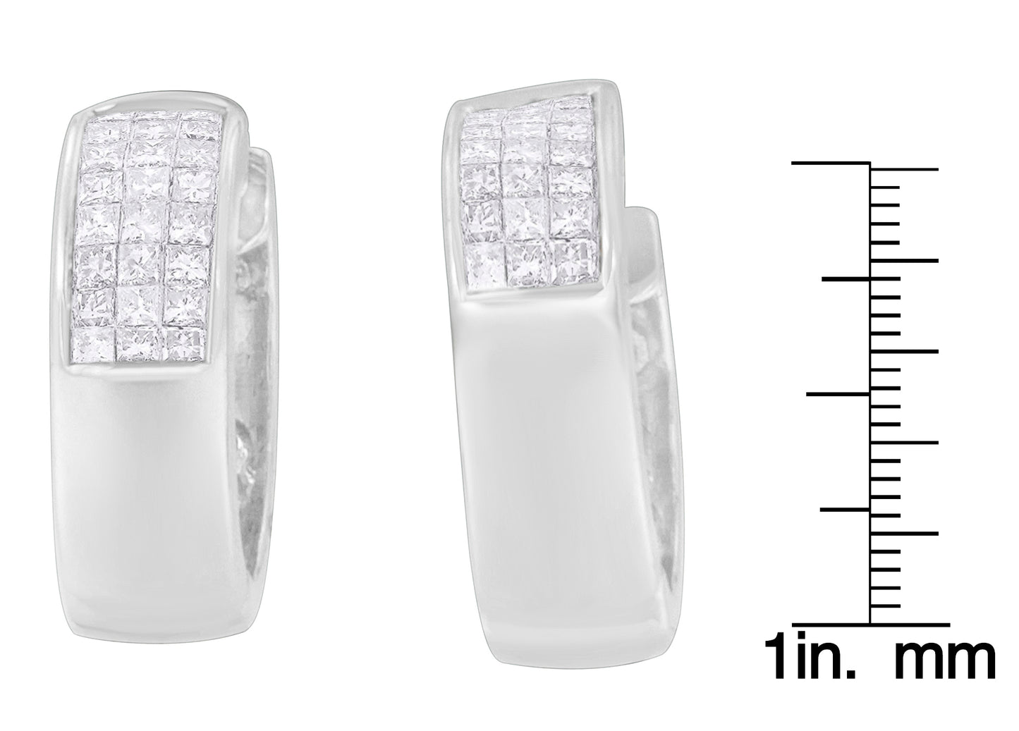 Pair of white metal earrings with a rectangular front featuring rows of round and princess-shaped white gemstones, shown from frontal and angled side views with a ruler for size reference.