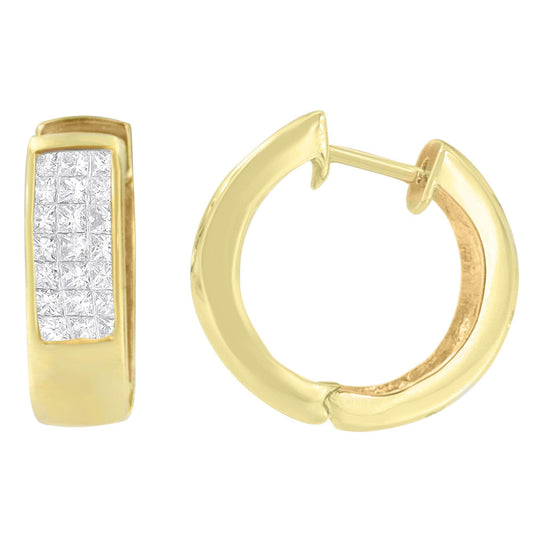 Pair of yellow metal hoop earrings shown from front and side angles, featuring a rectangular section with a cluster of small white gemstones in channel and invisible settings.