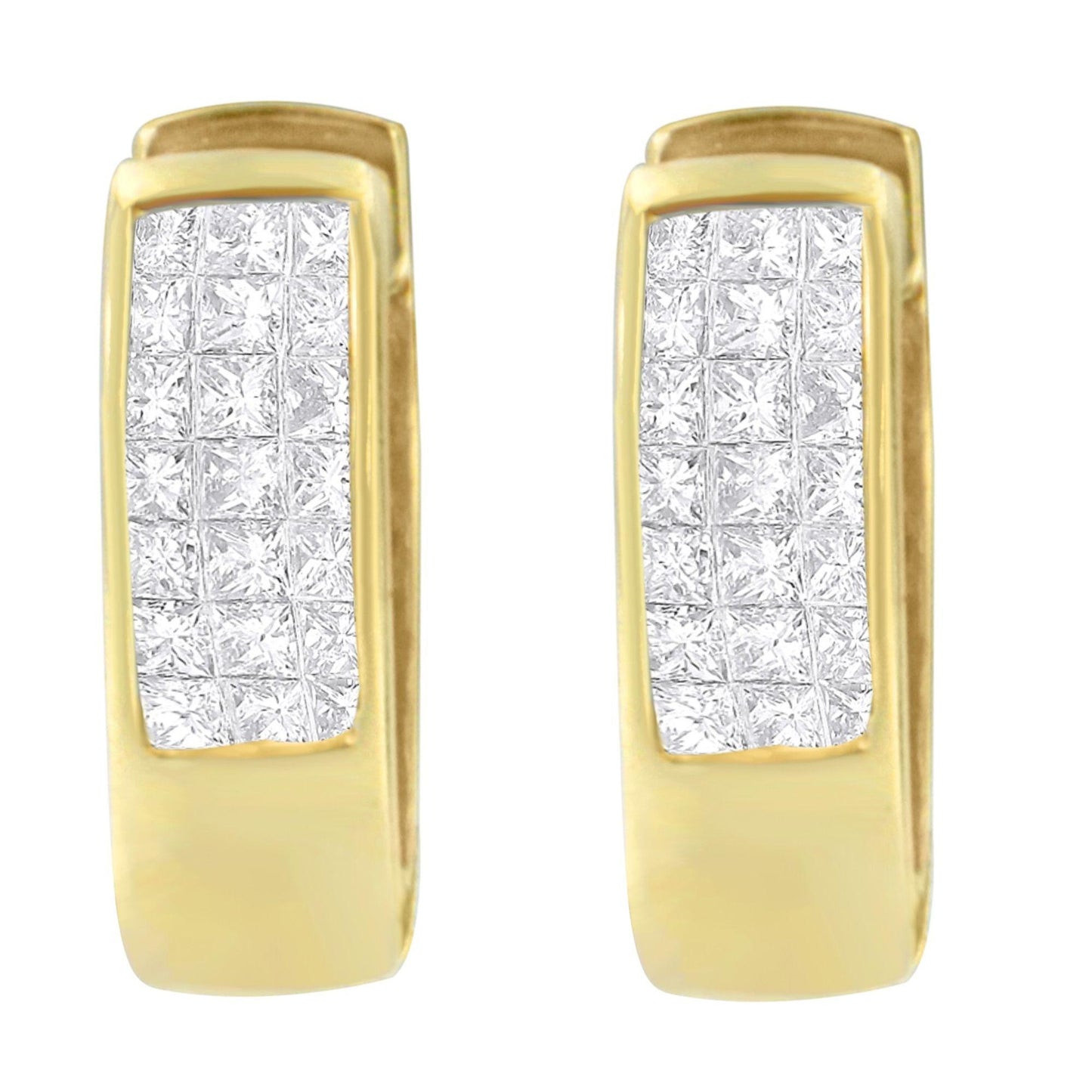 Front-facing view of a pair of yellow metal earrings featuring rectangular sections inlaid with white round and square gemstones in channel and invisible settings.