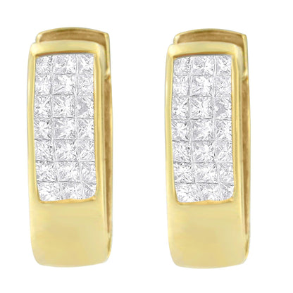 Front-facing view of a pair of yellow metal earrings featuring rectangular sections inlaid with white round and square gemstones in channel and invisible settings.