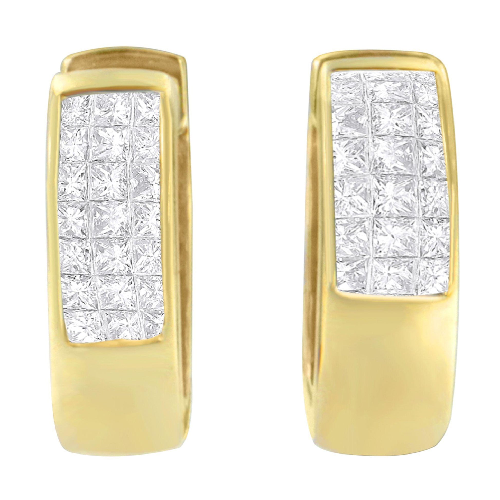 Front-facing close-up of a pair of yellow metal earrings with rectangular panels set with white round channel-set gemstones and white princess invisible-set gemstones.