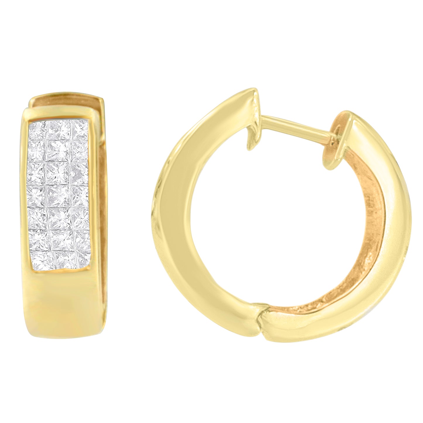 Pair of yellow metal hoop earrings shown from front and side angles, each featuring a rectangular panel with round and princess-shaped white gemstones in channel and invisible settings.