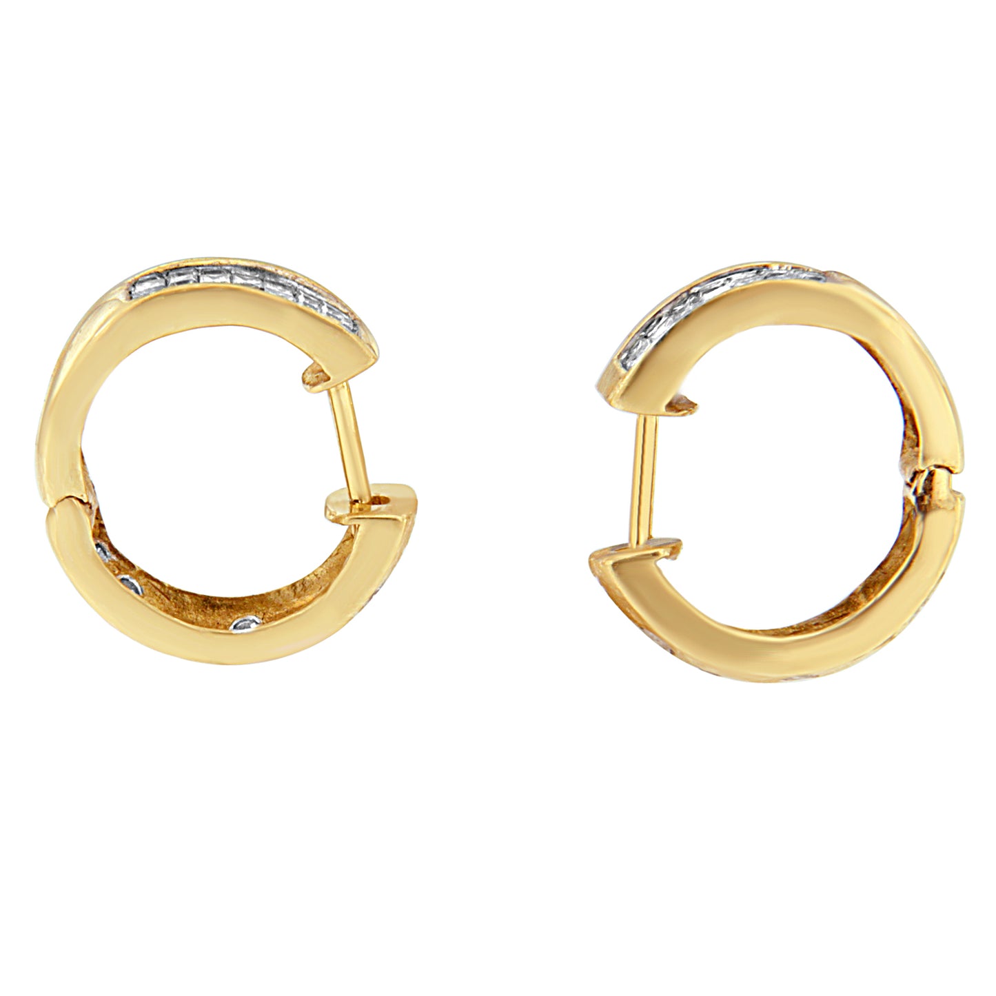 Close-up front angle of a pair of yellow metal circular hoop earrings with white round gemstones in channel setting and white princess-shaped gemstones in invisible setting along the top edge.