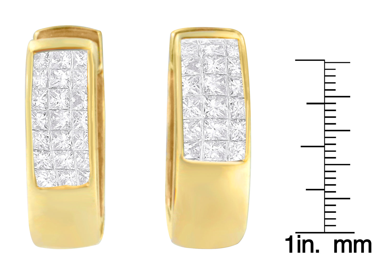Front-facing view of yellow metal earrings with channel-set round white gemstones and invisibly-set princess white gemstones, shown next to a ruler for size reference.