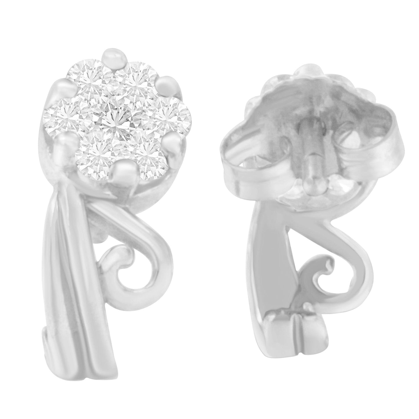 Close-up front and back view of white metal earrings with round white gemstones in prong settings and swirl design.
