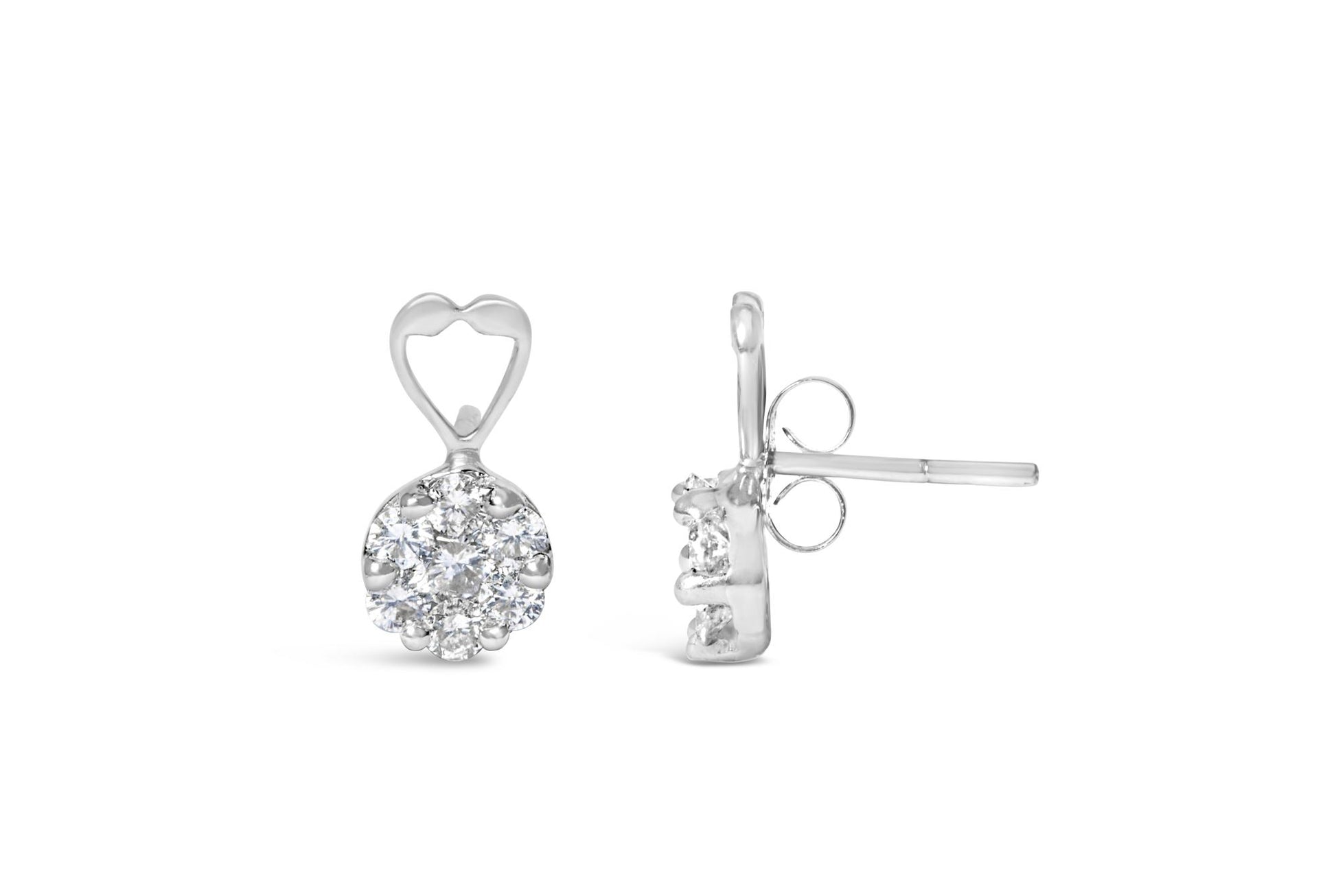 Front and side views of white metal stud earrings with round white gemstones in a prong setting, featuring a heart-shaped detail at the top, shown on a white background.