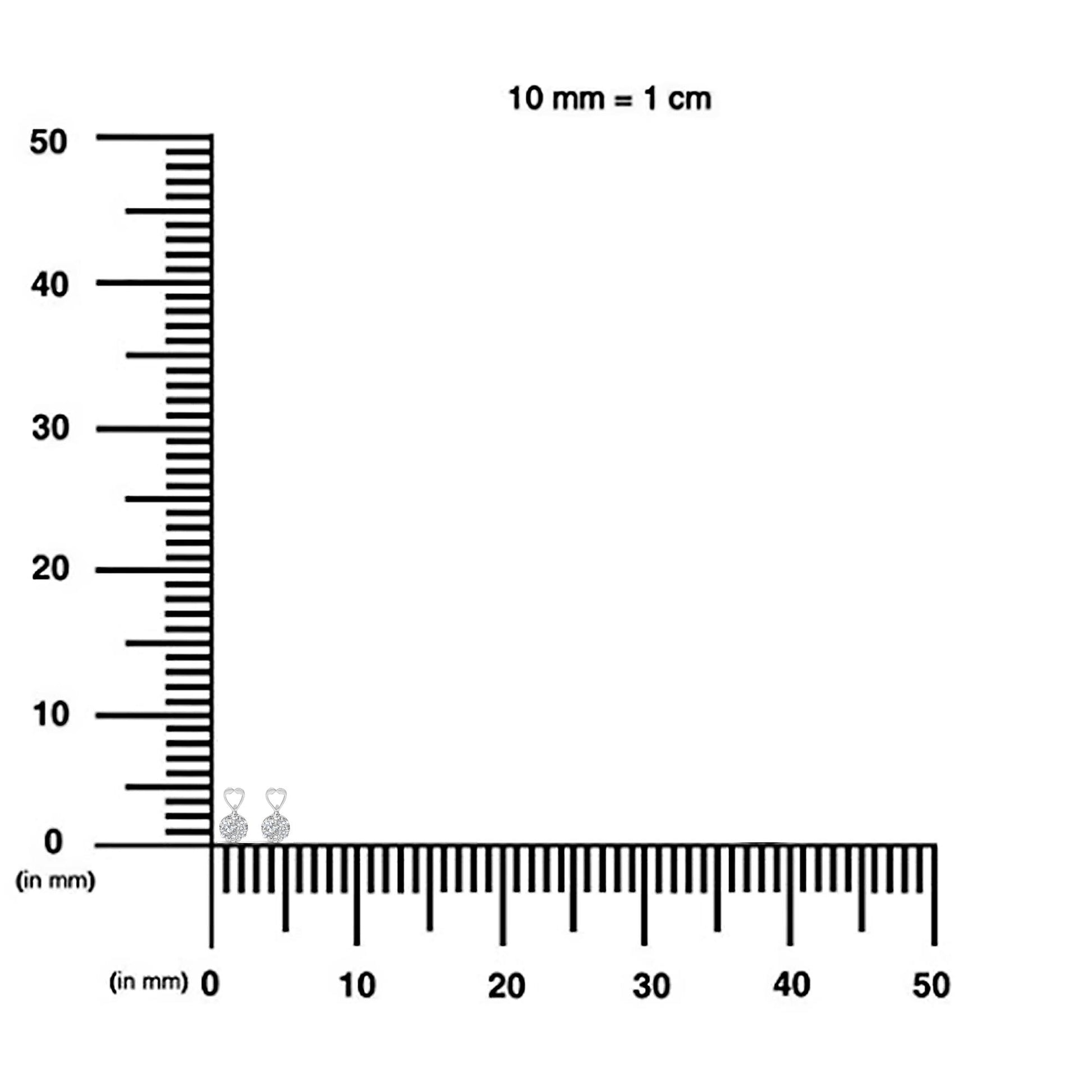 White metal earrings with round white gemstones in prong settings, shown on a ruler for size reference, front-facing angle.