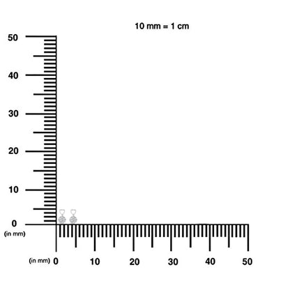 White metal earrings with round white gemstones in prong settings, shown on a ruler for size reference, front-facing angle.