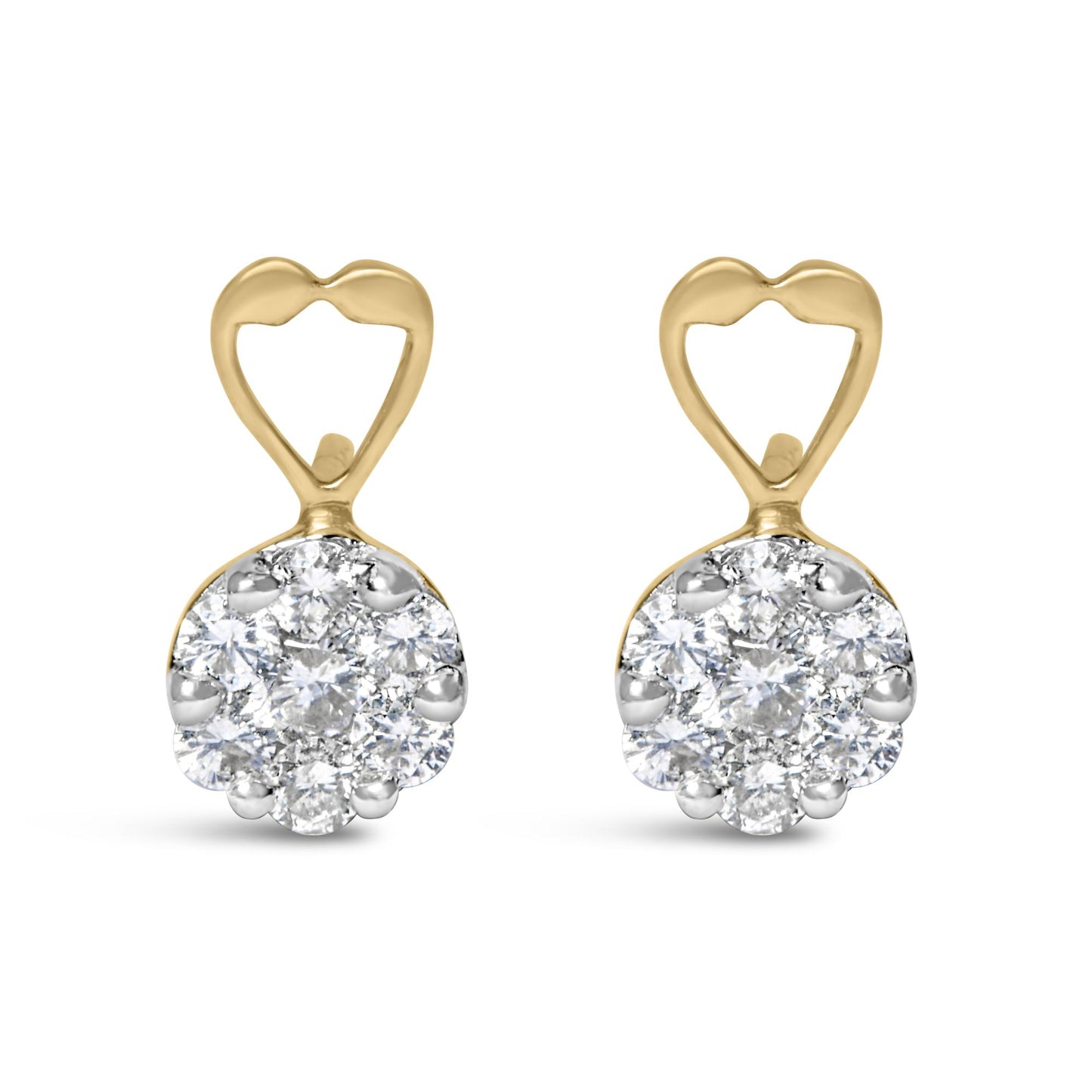 Front view of yellow metal earrings with heart-shaped tops and round clusters of white gemstones in prong settings.