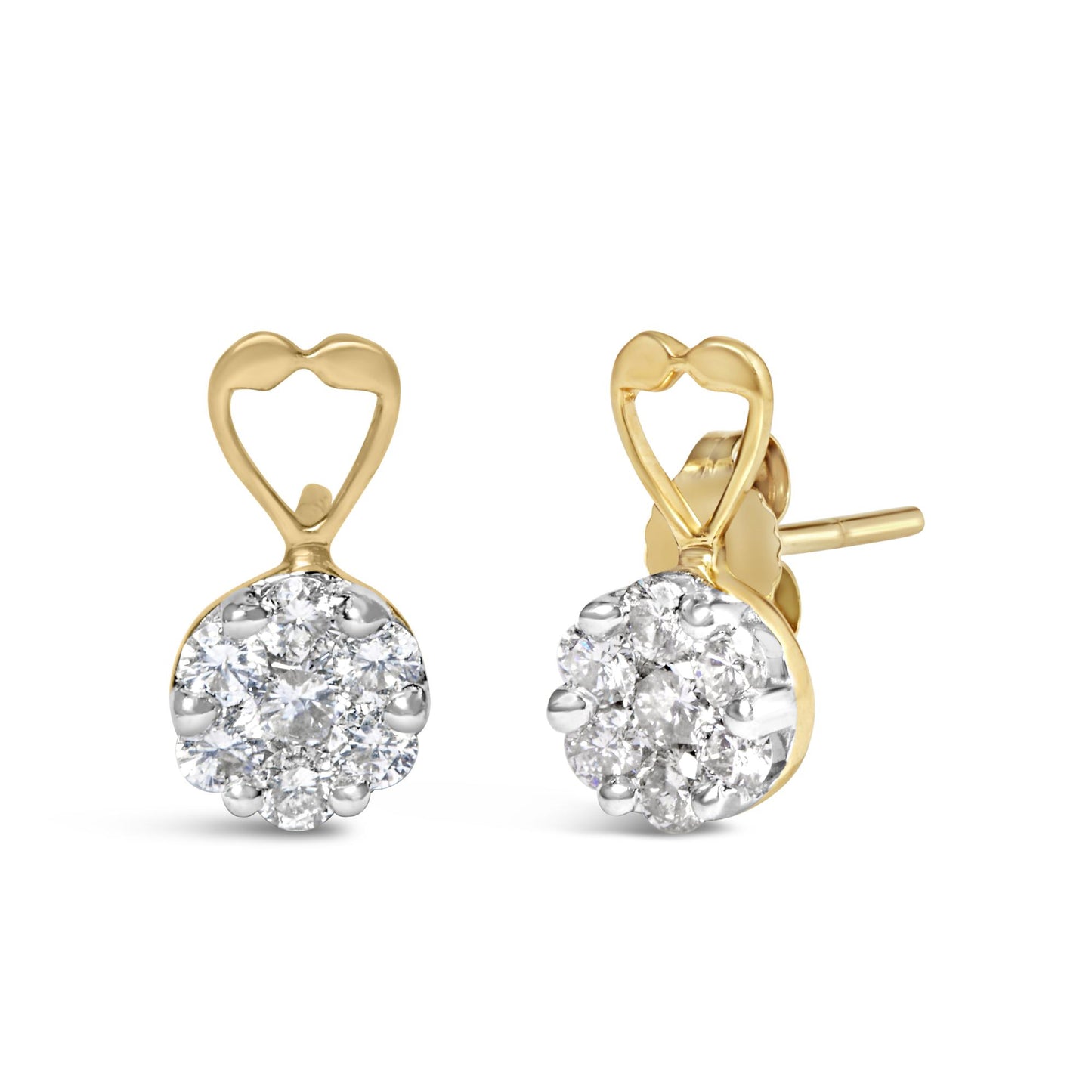 Front and side angle of yellow metal earrings with heart-shaped loops and round cluster of white gemstones in prong settings.