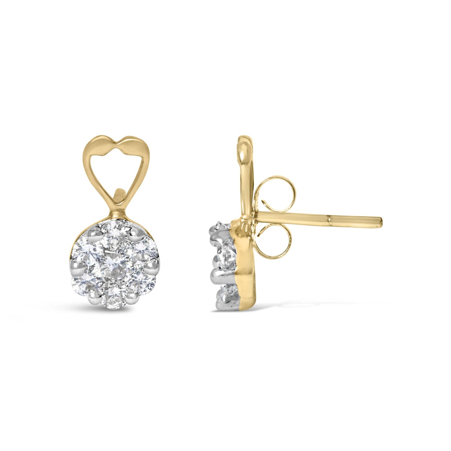 Front and side view of yellow metal earrings with heart-shaped upper part and round cluster of white gemstones in prong setting.