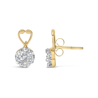 Front and side view of yellow metal earrings with heart-shaped upper part and round cluster of white gemstones in prong setting.