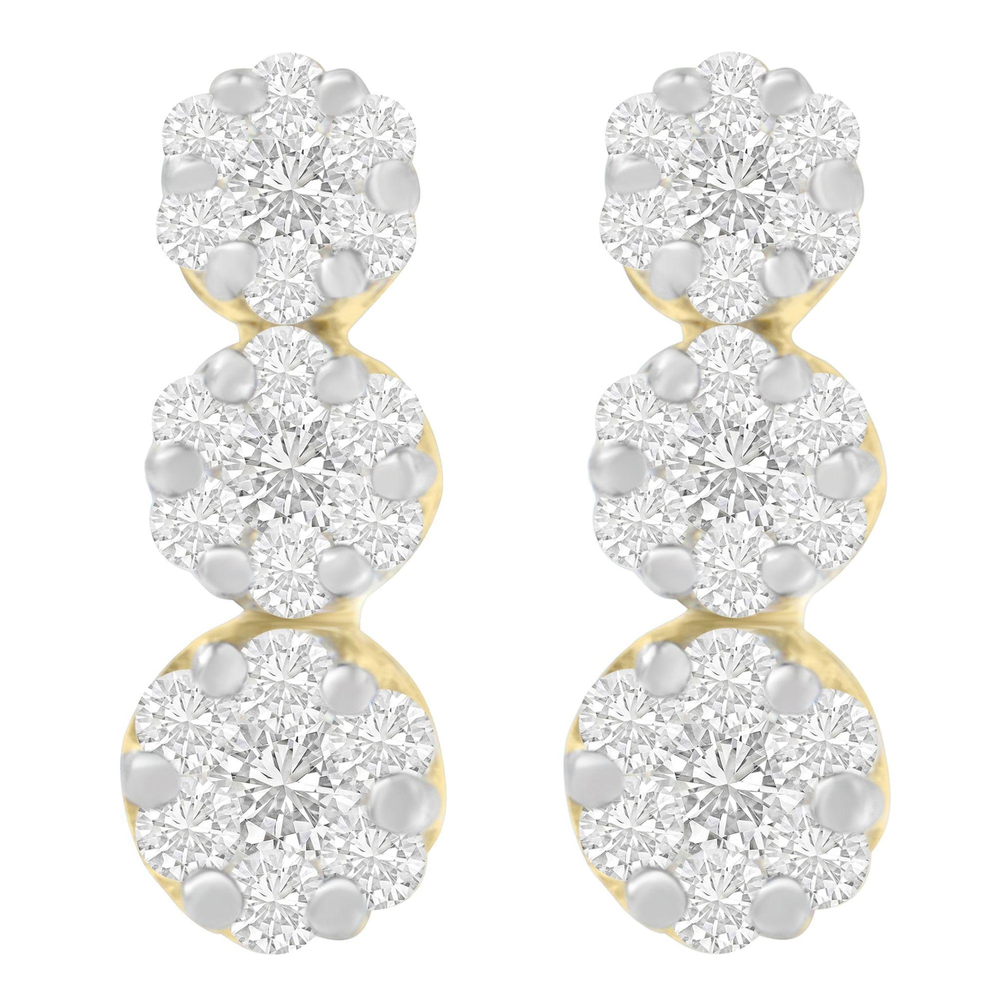 Pair of yellow metal earrings with three clusters of white round gemstones in prong setting, front view.