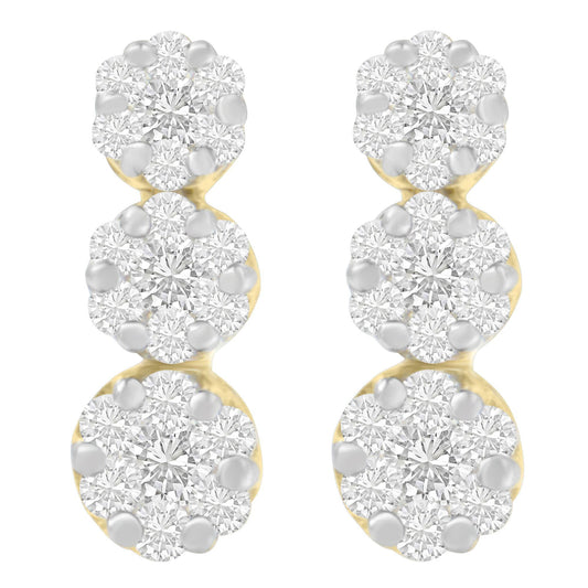 Pair of yellow metal earrings with three clusters of white round gemstones in prong setting, front view.