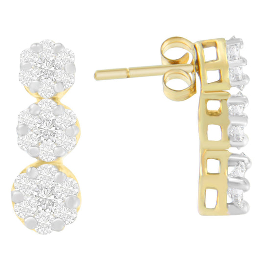 Front and side view of yellow metal earrings featuring clusters of round white gemstones with prong settings.