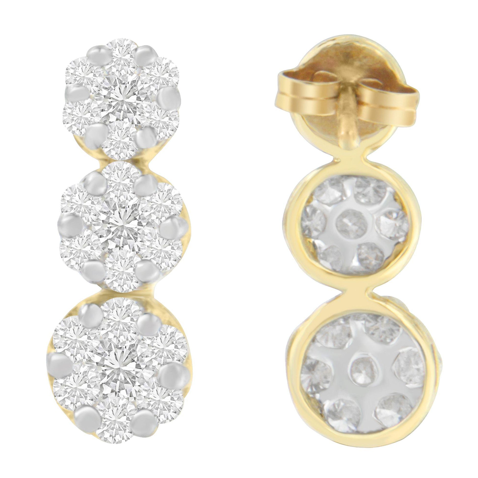 Front and back views of yellow metal earrings featuring clusters of round white gemstones in prong settings, shown against a white background.