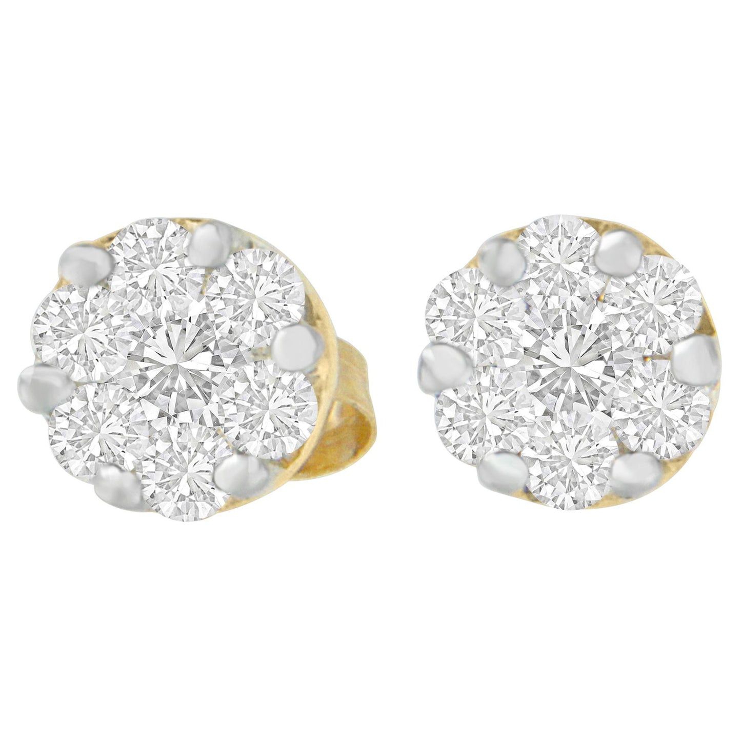 Front-facing shot of round cluster earrings with prong-set white gemstones on yellow metal.