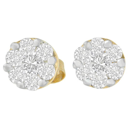 Front-facing shot of round cluster earrings with prong-set white gemstones on yellow metal.