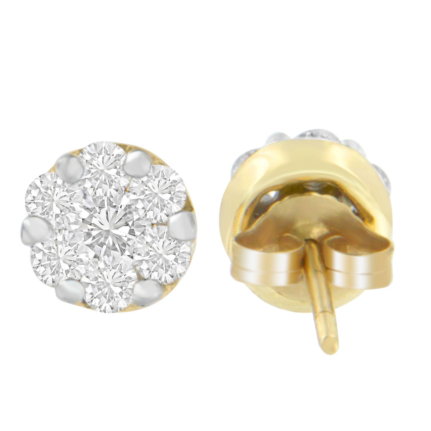 Front and back view of round cluster stud earrings with white gemstones in prong settings on yellow metal, shown from a slightly elevated angle.