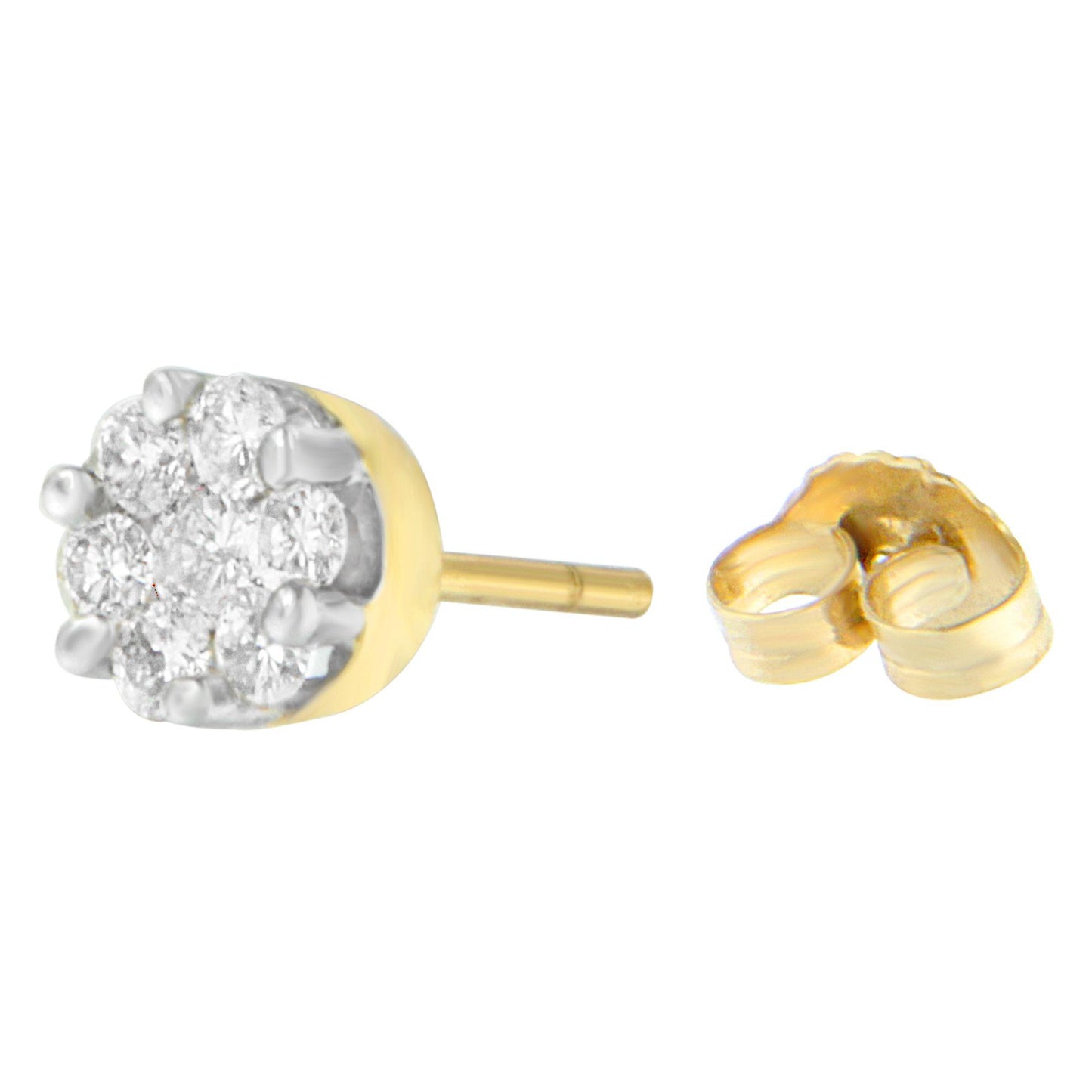 Close-up side view of a yellow metal stud earring with white round gemstones in prong setting and its backing displayed separately.