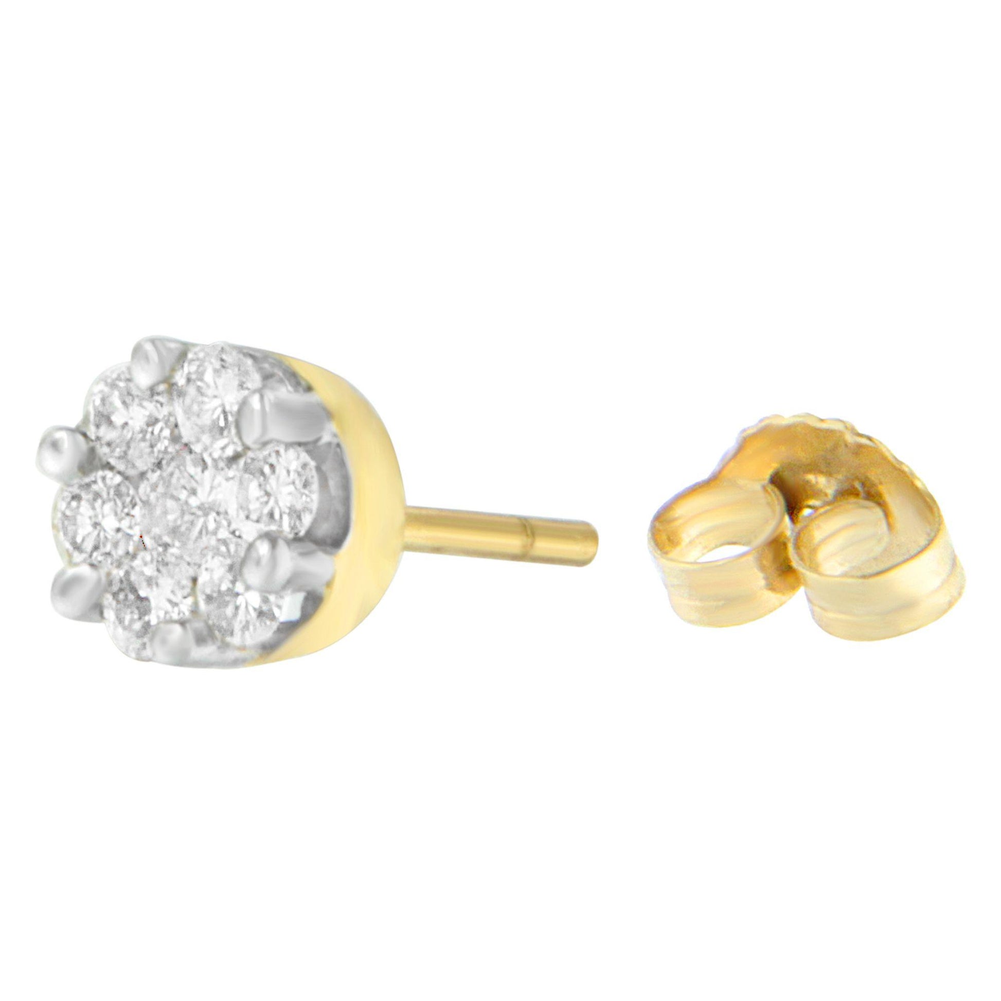 Close-up side view of a yellow metal stud earring with white round gemstones in prong setting and its backing displayed separately.