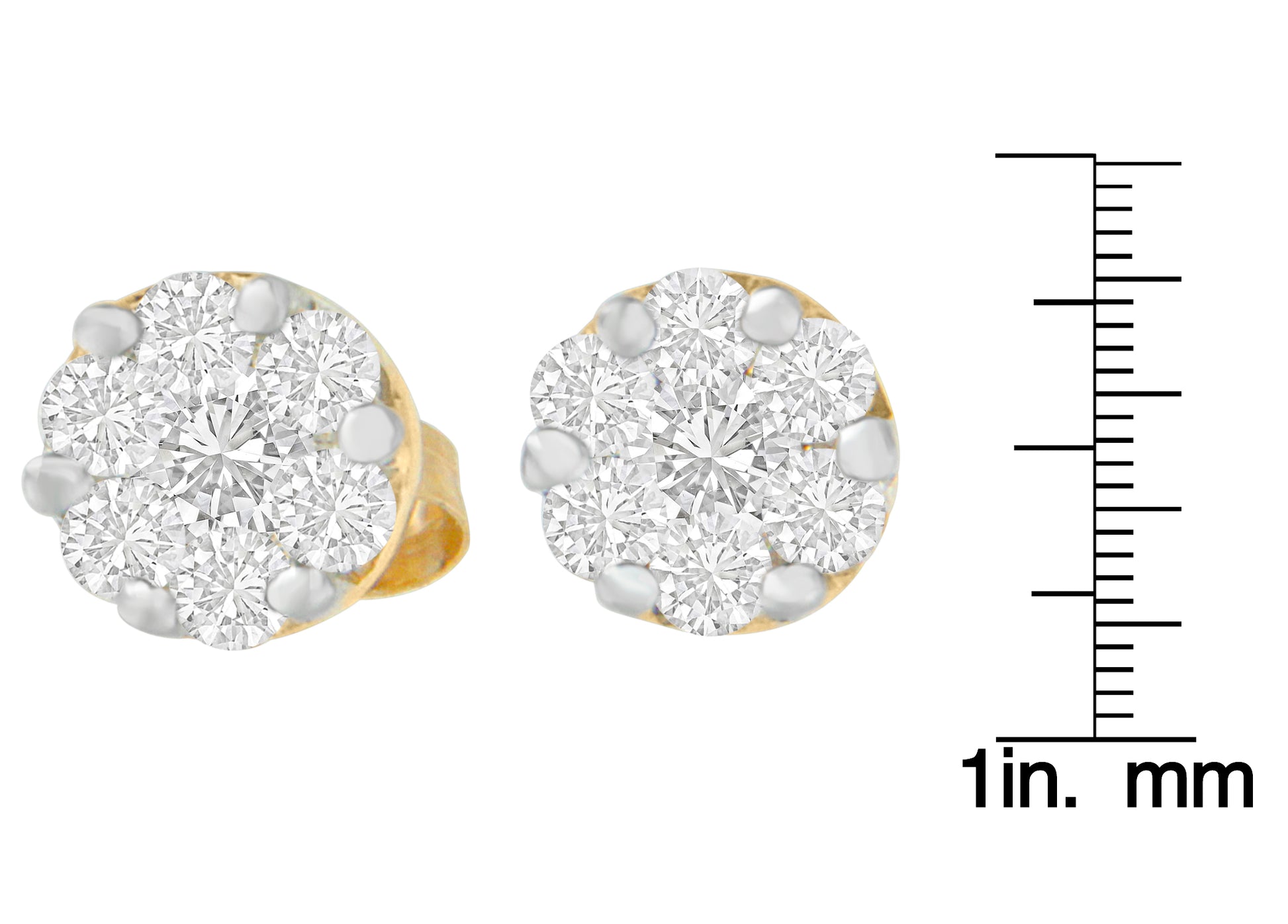 Pair of yellow metal stud earrings with cluster of round white gemstones in prong setting, shown front view with scale for size reference.