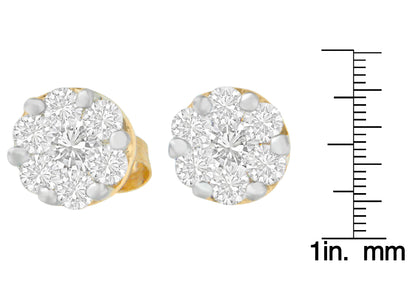 Pair of yellow metal stud earrings with cluster of round white gemstones in prong setting, shown front view with scale for size reference.
