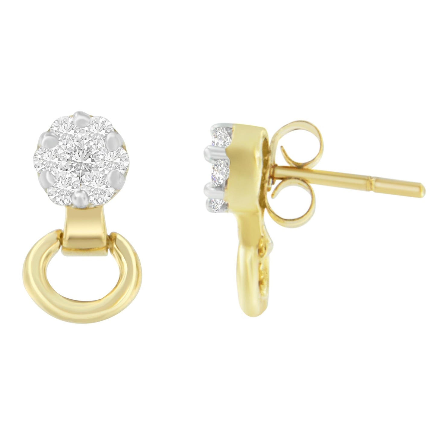 Yellow metal earrings with a cluster of round white gemstones in prong setting and a small hoop detail, shown from front and side angles.