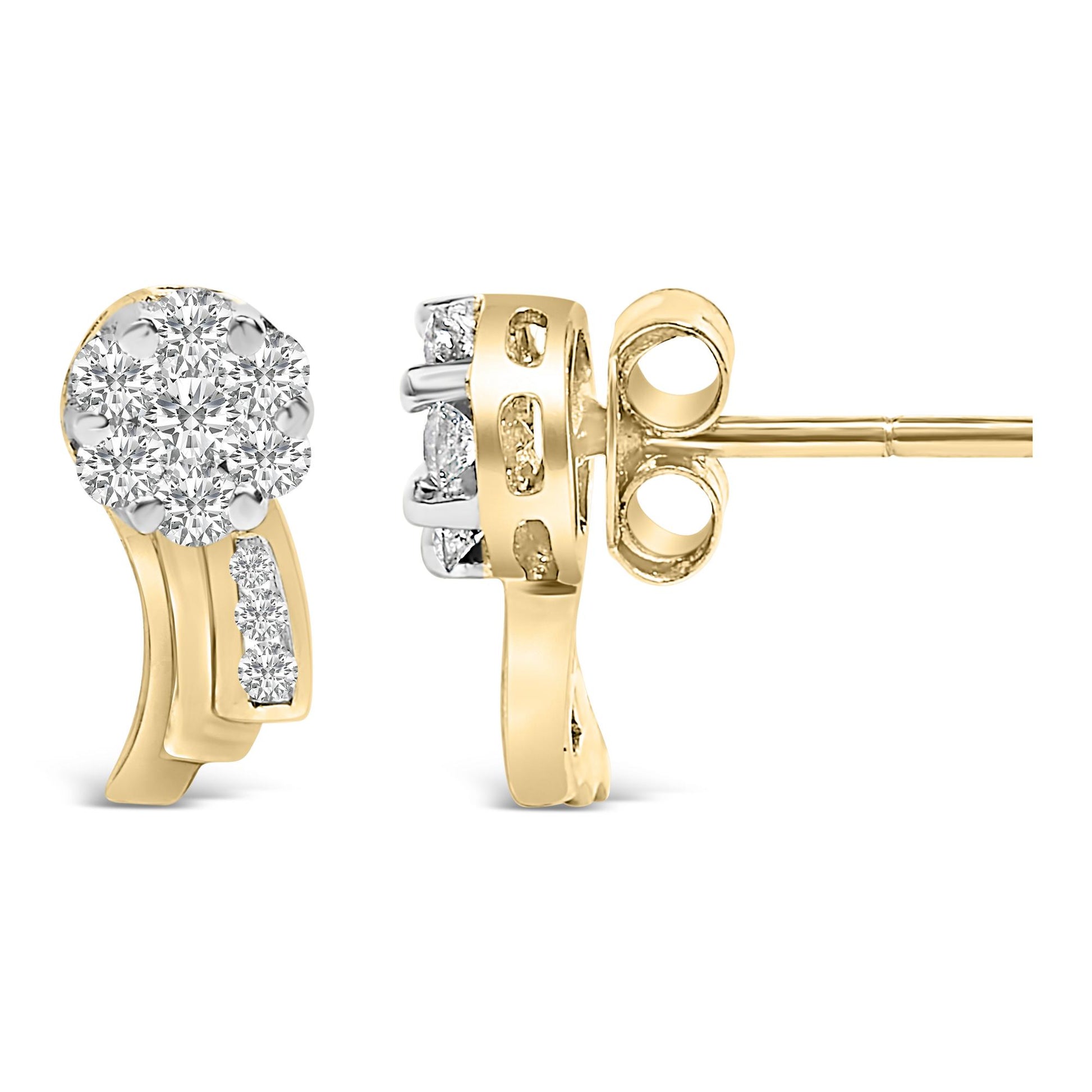 Front and side angled view of yellow metal earrings with cluster of round white gemstones at top and smaller white gemstones set along curved lower section.