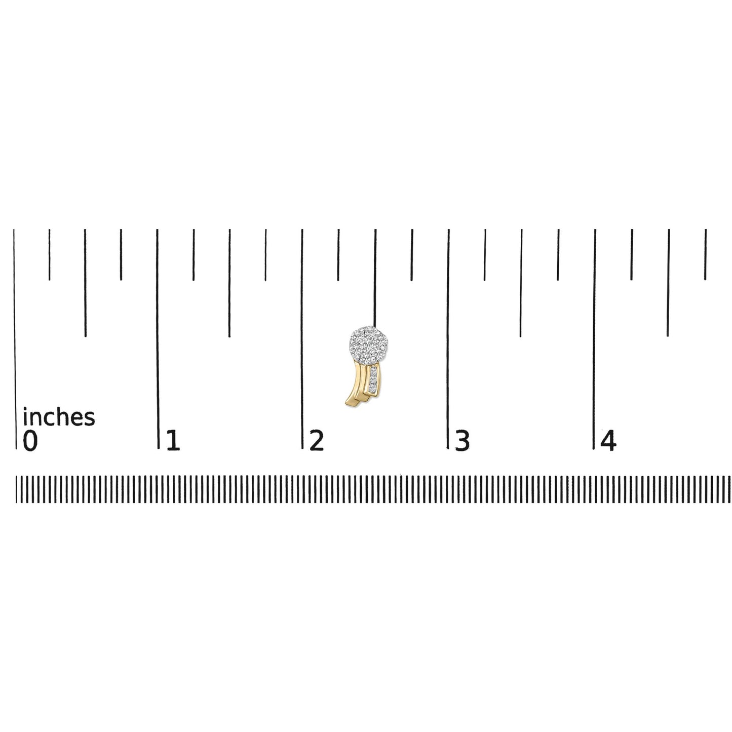 Close-up front view of a yellow metal earring with a cluster of round white gemstones at the top and smaller white gemstones set on a curved part below, placed on a ruler for size reference.