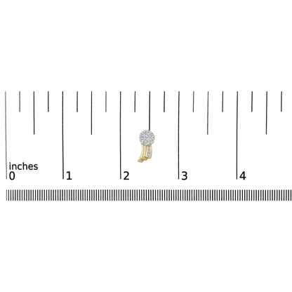 Close-up front view of a yellow metal earring with a cluster of round white gemstones at the top and smaller white gemstones set on a curved part below, placed on a ruler for size reference.