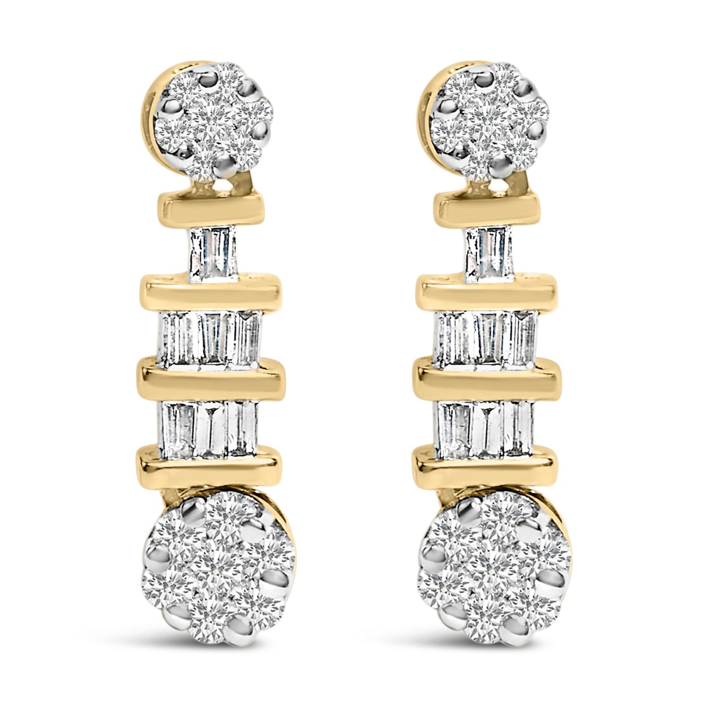 Front view of yellow metal earrings featuring clusters of round white gemstones at top and bottom with vertical bars of baguette white gemstones in channel settings in between.