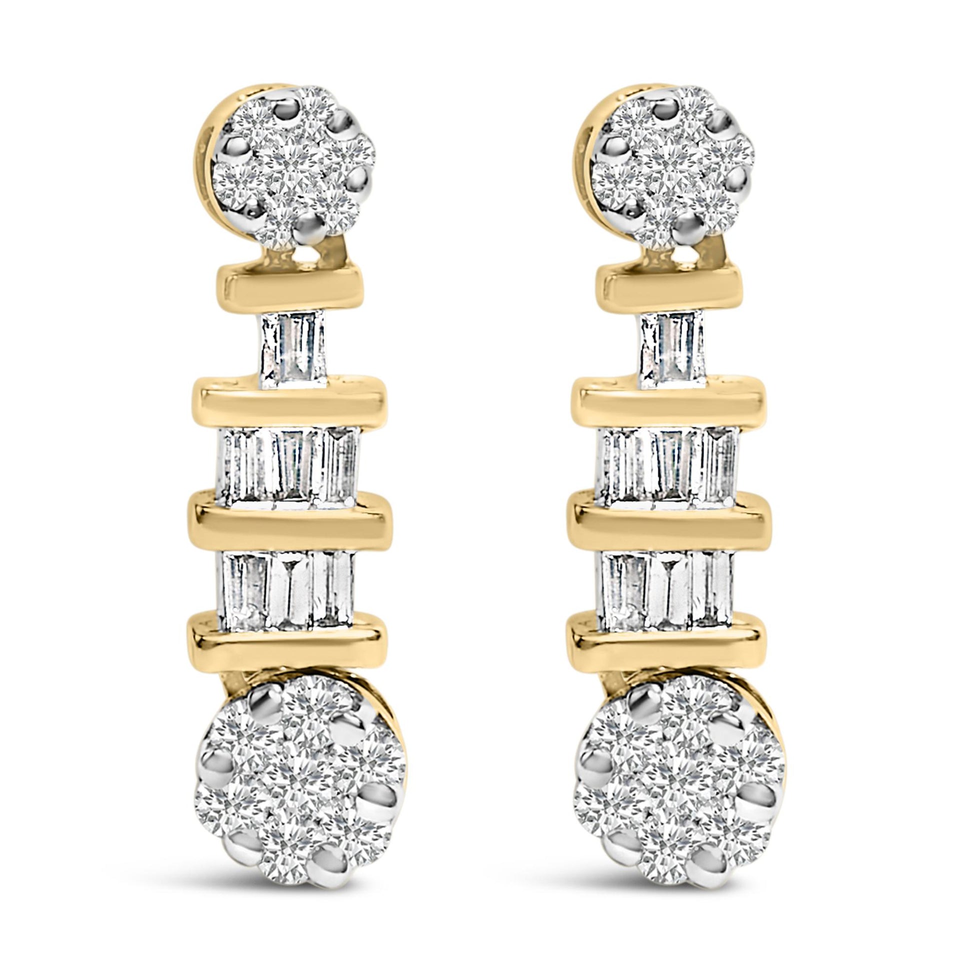 Front view of yellow metal earrings featuring clusters of round white gemstones at top and bottom with vertical bars of baguette white gemstones in channel settings in between.