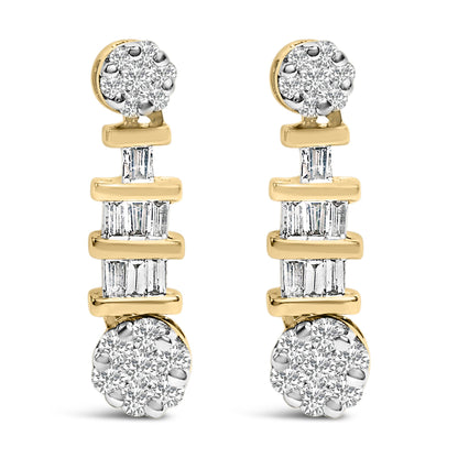 Front view of yellow metal earrings featuring clusters of round white gemstones at top and bottom with vertical bars of baguette white gemstones in channel settings in between.