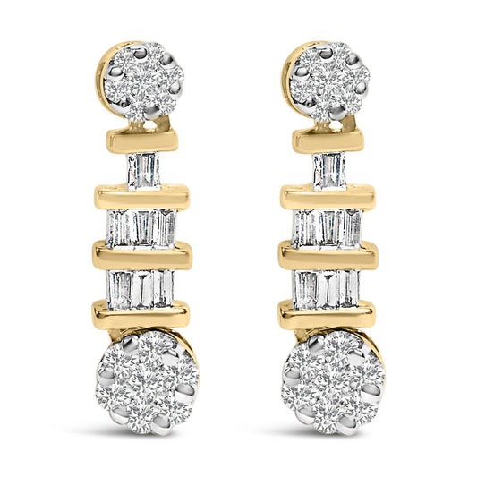 Front view of yellow metal earrings featuring clusters of round white gemstones at top and bottom with vertical bars of baguette white gemstones in channel settings in between.