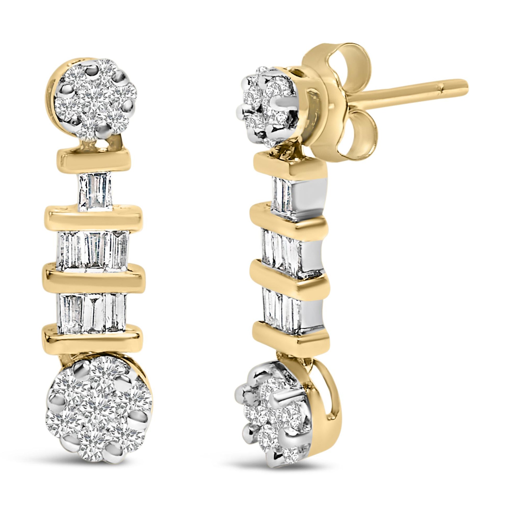 Pair of yellow metal earrings with a vertical design, featuring round white gemstones in prong settings at the top and bottom, and baguette white gemstones in channel settings along the middle, shown from front and side angles.