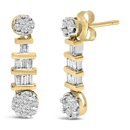 Pair of yellow metal earrings with a vertical design, featuring round white gemstones in prong settings at the top and bottom, and baguette white gemstones in channel settings along the middle, shown from front and side angles.