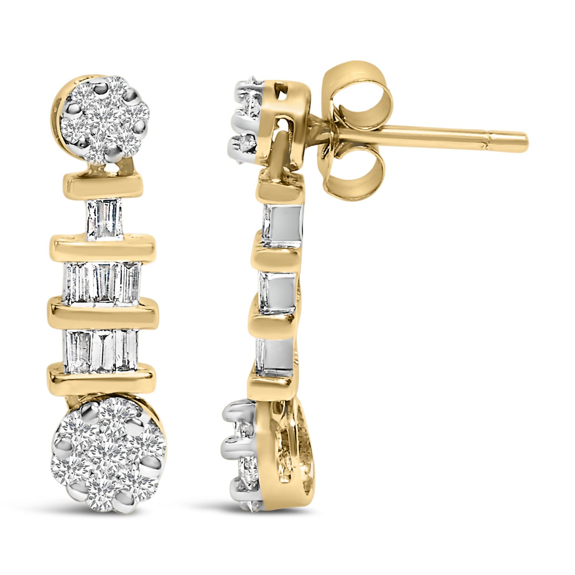 Front and side view of yellow metal earrings with round white gemstones in prong settings at top and bottom, and vertical rows of baguette white gemstones in channel settings between.