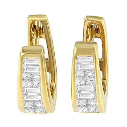 Front view of yellow metal earrings with channel-set white baguette-shaped gemstones and invisible-set white princess-shaped gemstones.