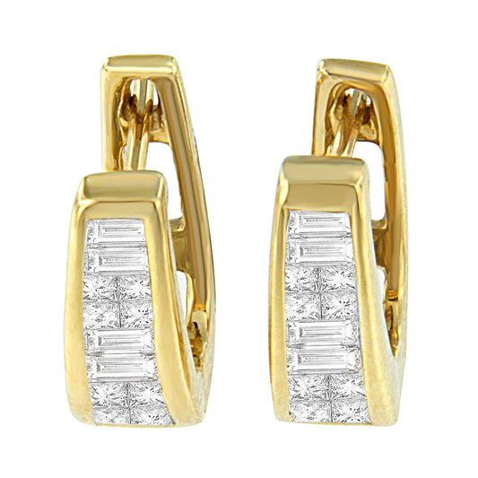 Front view of yellow metal earrings with channel-set white baguette-shaped gemstones and invisible-set white princess-shaped gemstones.